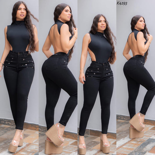 JEANS CONTROL ABDOMEN/ LEVANTA COLA  SKINNY NEGR PERLAS Y EXPANSORES ACERO REF K4193♥️ENVIO GRATIS ♥️